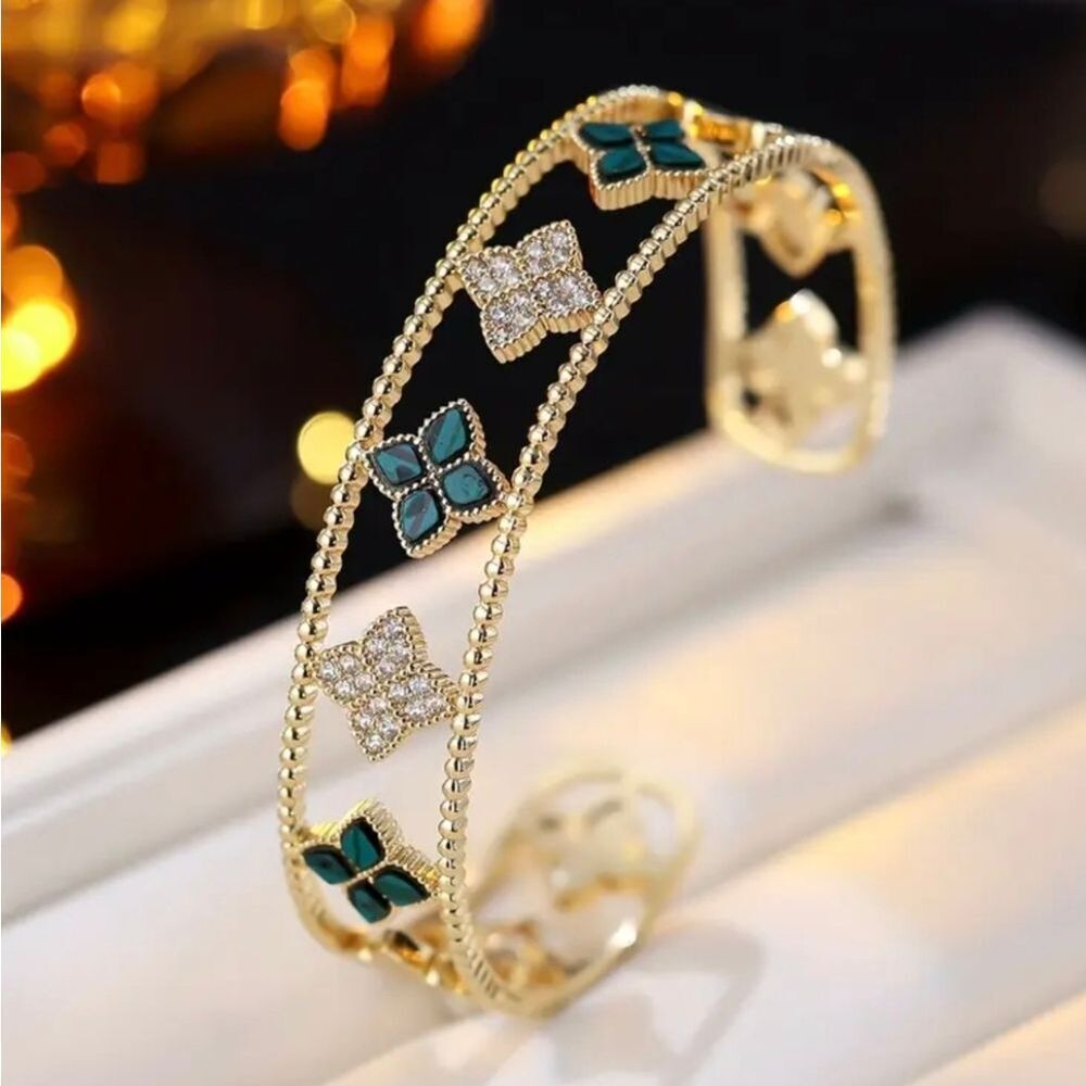 18k Gold Plated Green & Diamond Bracelet Bangle Designer Inspired